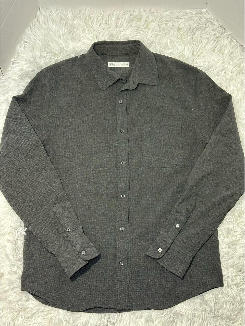 ZARA Men's Charcoal Grey Cotton Flannel Button Down Shirt Long Sleeve Size M